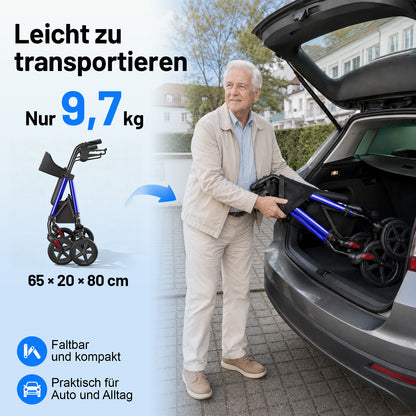 Invvqu W4-B – Stabiler Rollator mit Sitz & Tasche, 150 kg Tragkraft, 8-Zoll-Räder, Blau
