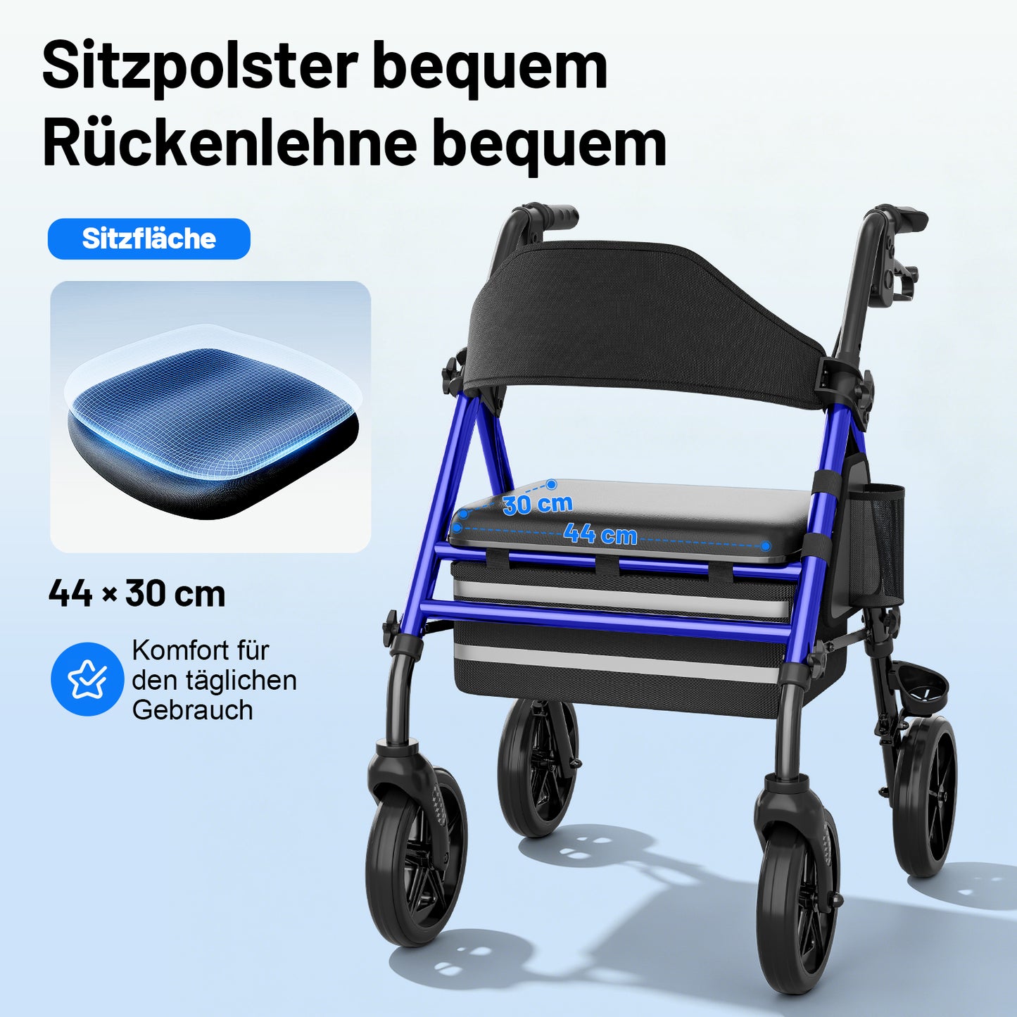 Invvqu W4-B – Stabiler Rollator mit Sitz & Tasche, 150 kg Tragkraft, 8-Zoll-Räder, Blau
