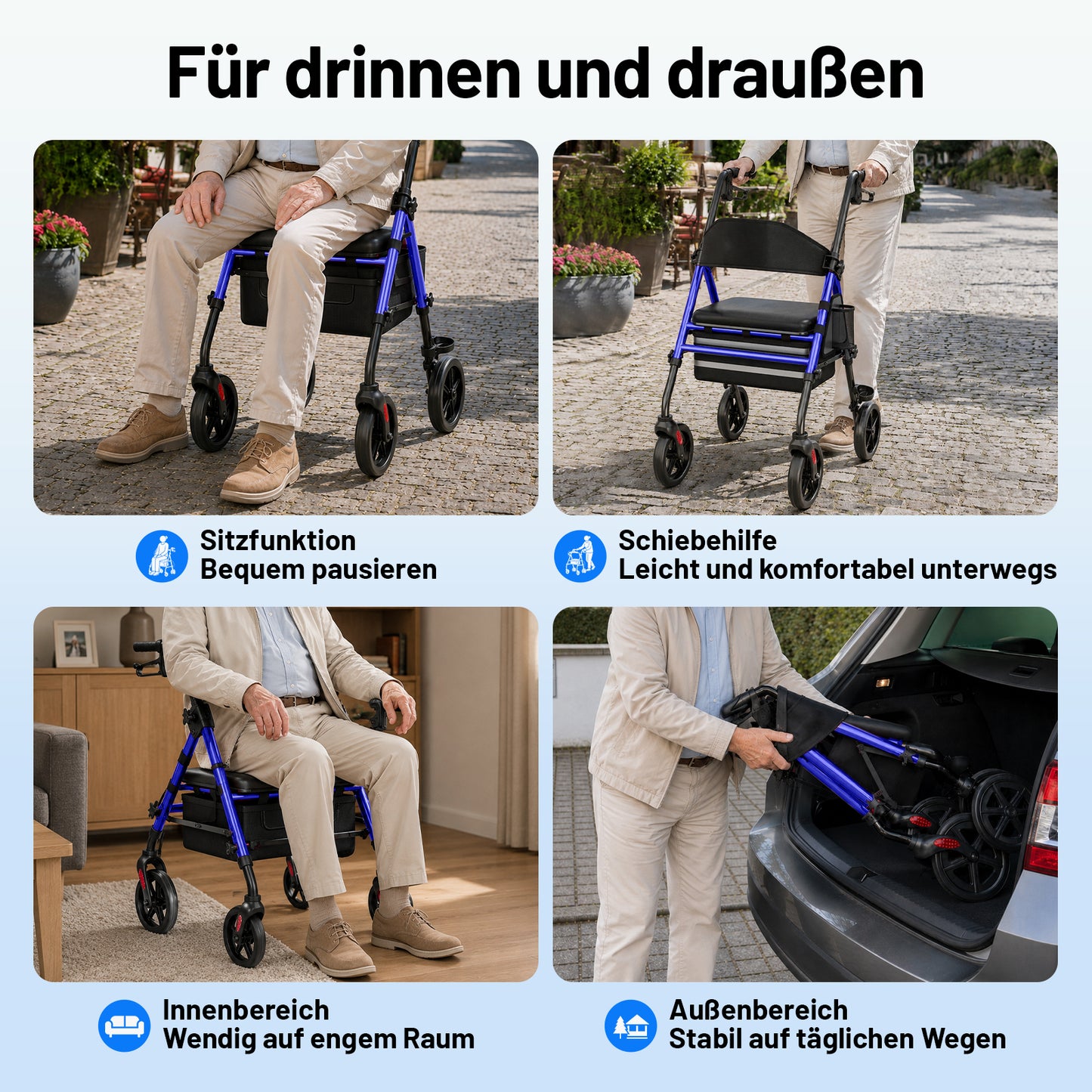 Invvqu W4-B – Stabiler Rollator mit Sitz & Tasche, 150 kg Tragkraft, 8-Zoll-Räder, Blau