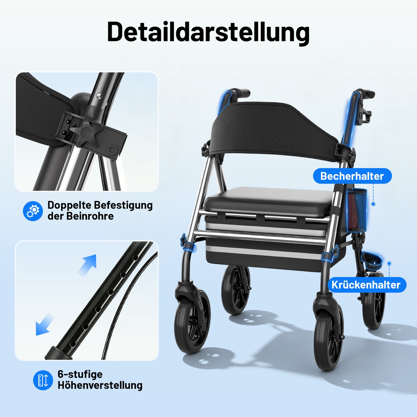 Invvqu W4-S– Stabiler Rollator mit Sitz & Tasche, 150 kg Tragkraft, 8-Zoll-Räder, Silber