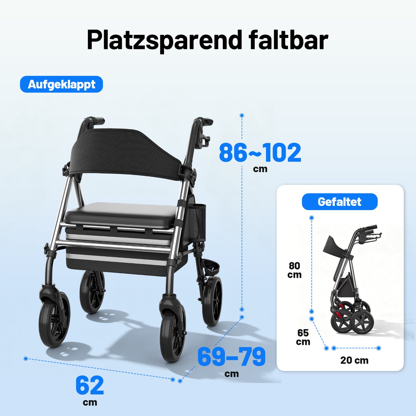 Invvqu W4-S– Stabiler Rollator mit Sitz & Tasche, 150 kg Tragkraft, 8-Zoll-Räder, Silber