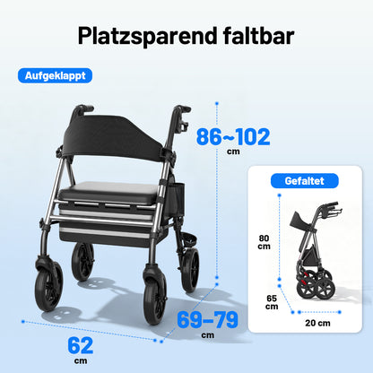 Invvqu W4-S– Stabiler Rollator mit Sitz & Tasche, 150 kg Tragkraft, 8-Zoll-Räder, Silber