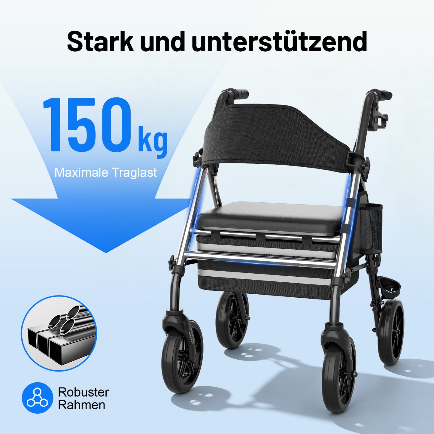 Invvqu W4-S– Stabiler Rollator mit Sitz & Tasche, 150 kg Tragkraft, 8-Zoll-Räder, Silber