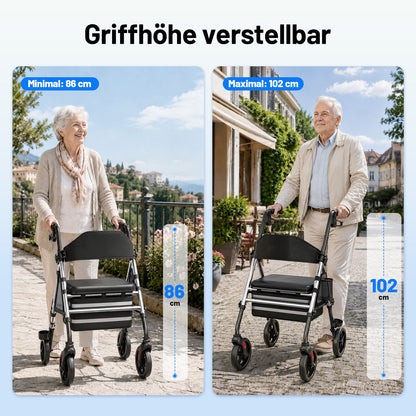 Invvqu W4-S– Stabiler Rollator mit Sitz & Tasche, 150 kg Tragkraft, 8-Zoll-Räder, Silber