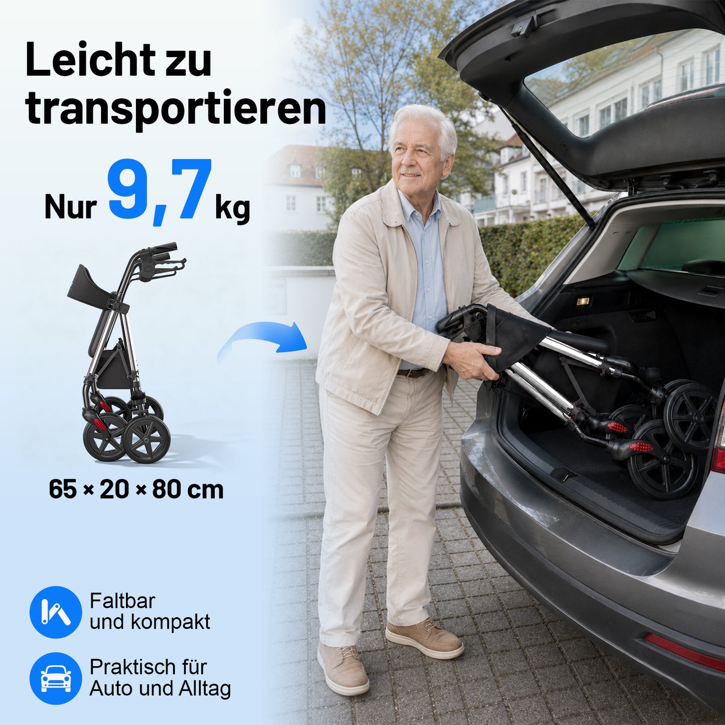 Invvqu W4-S– Stabiler Rollator mit Sitz & Tasche, 150 kg Tragkraft, 8-Zoll-Räder, Silber