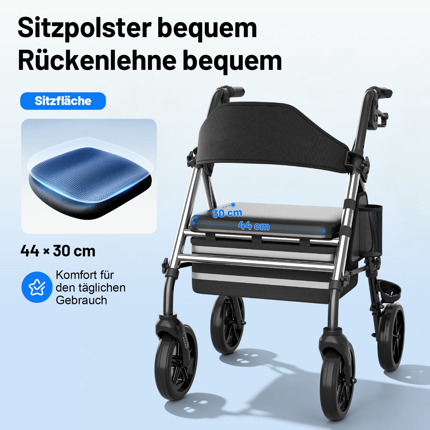 Invvqu W4-S– Stabiler Rollator mit Sitz & Tasche, 150 kg Tragkraft, 8-Zoll-Räder, Silber
