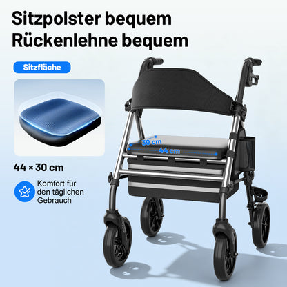 Invvqu W4-S– Stabiler Rollator mit Sitz & Tasche, 150 kg Tragkraft, 8-Zoll-Räder, Silber