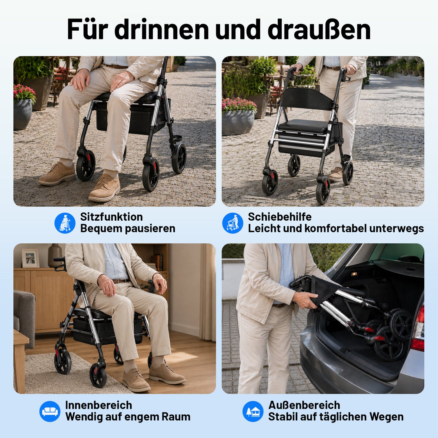 Invvqu W4-S– Stabiler Rollator mit Sitz & Tasche, 150 kg Tragkraft, 8-Zoll-Räder, Silber