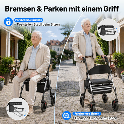 Invvqu W4-S– Stabiler Rollator mit Sitz & Tasche, 150 kg Tragkraft, 8-Zoll-Räder, Silber