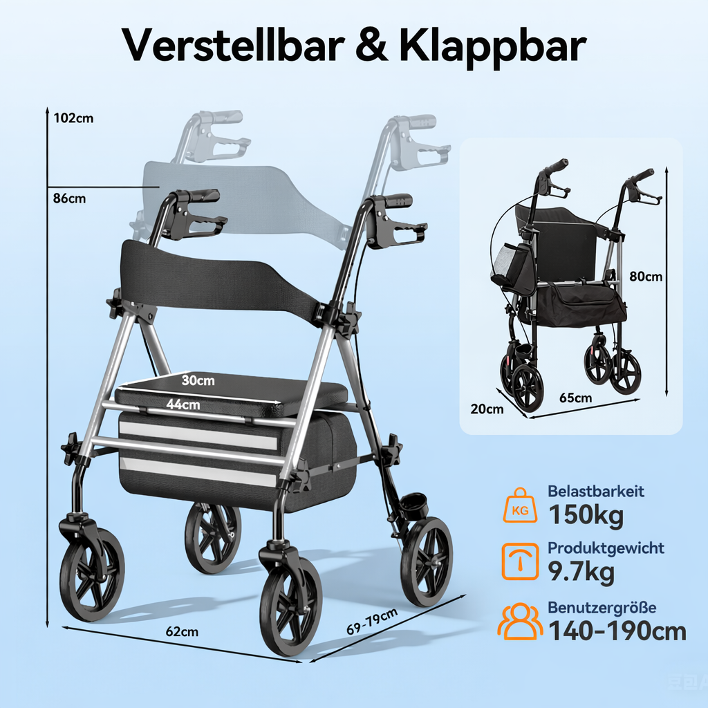 Invvqu W4-S– Stabiler Rollator mit Sitz & Tasche, 150 kg Tragkraft, 8-Zoll-Räder, Blau