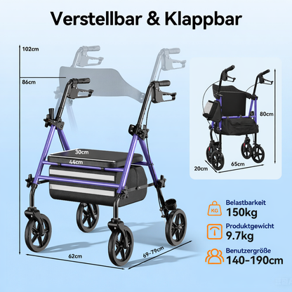 Invvqu W4-L – Stabiler Rollator mit Sitz & Tasche, 150 kg Tragkraft, 8-Zoll-Räder, Blau