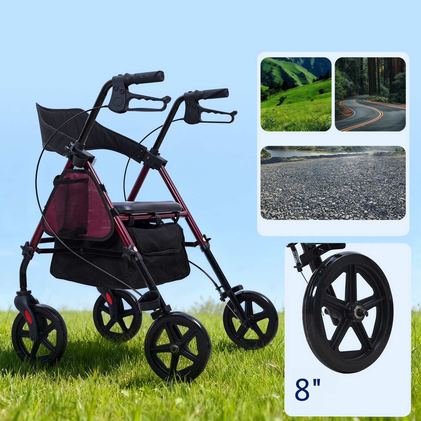 Invvqu R4 Leichtgewicht Rollator mit Sitz – Klappbar, Höhenverstellbar, 8" All-Terrain-Räder, bis 150 kg