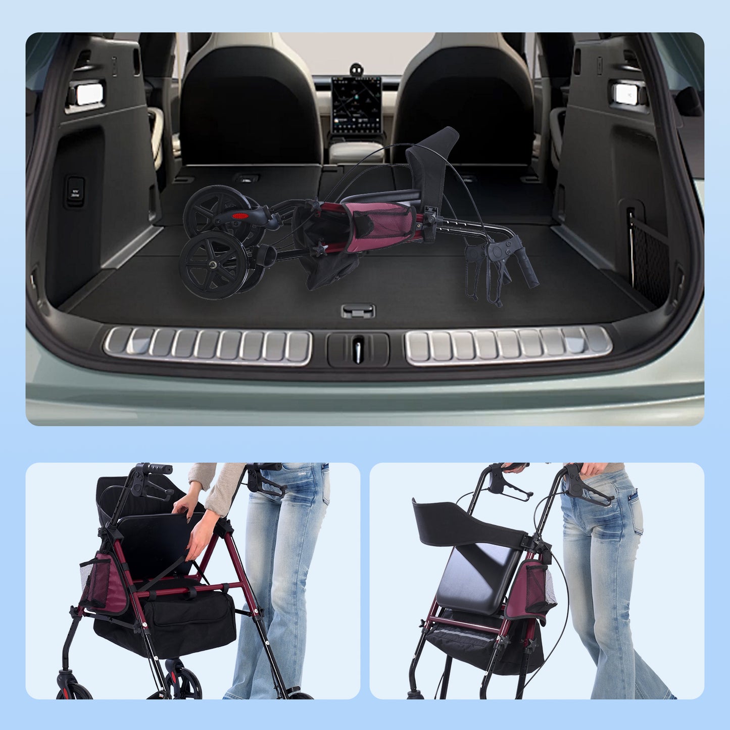 Invvqu R4 Leichtgewicht Rollator mit Sitz – Klappbar, Höhenverstellbar, 8" All-Terrain-Räder, bis 150 kg