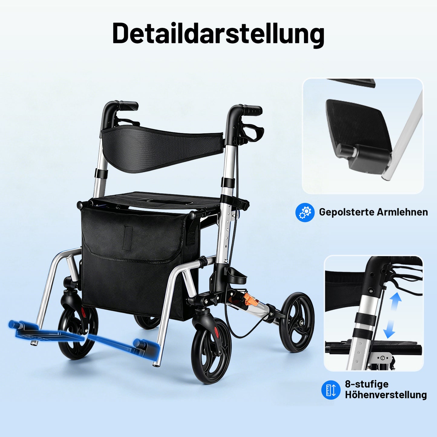 Invvqu W3-Y – 2-in-1 Rollator & Transportstuhl mit Fußstützen, faltbar, bis 150 kg