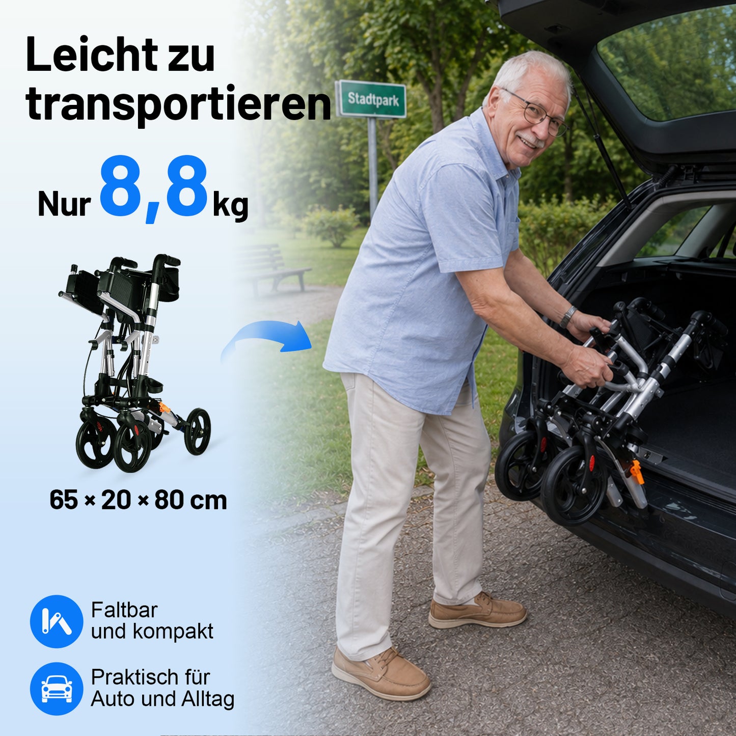 Invvqu W3-Y – 2-in-1 Rollator & Transportstuhl mit Fußstützen, faltbar, bis 150 kg