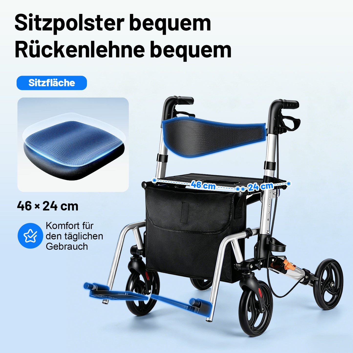 Invvqu W3-Y – 2-in-1 Rollator & Transportstuhl mit Fußstützen, faltbar, bis 150 kg