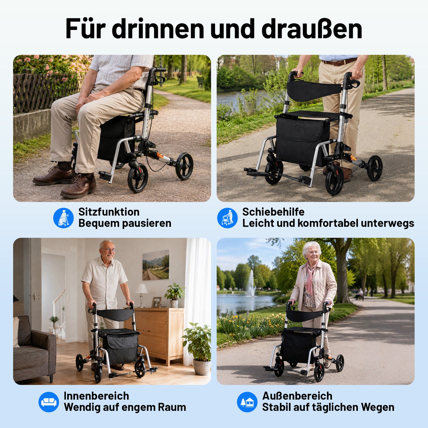 Invvqu W3-Y – 2-in-1 Rollator & Transportstuhl mit Fußstützen, faltbar, bis 150 kg