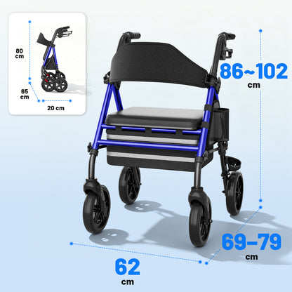 Invvqu W4-B Rollator mit Sitz und Tasche, stabiler Rollator für Senioren, 150 kg belastbar, 8-Zoll-Räder, Blau