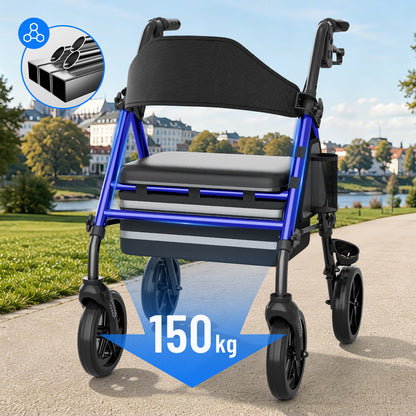 Invvqu W4-B Rollator mit Sitz und Tasche, stabiler Rollator für Senioren, 150 kg belastbar, 8-Zoll-Räder, Blau
