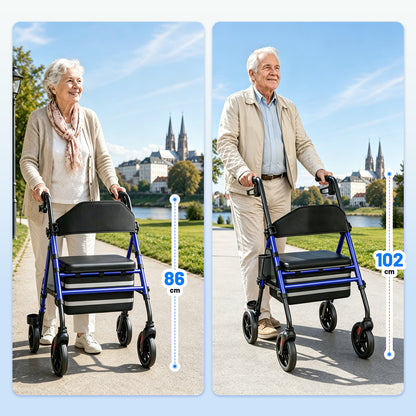 Invvqu W4-B Rollator mit Sitz und Tasche, stabiler Rollator für Senioren, 150 kg belastbar, 8-Zoll-Räder, Blau