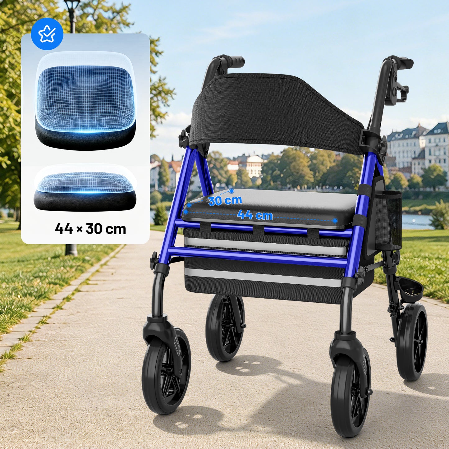 Invvqu W4-B Rollator mit Sitz und Tasche, stabiler Rollator für Senioren, 150 kg belastbar, 8-Zoll-Räder, Blau