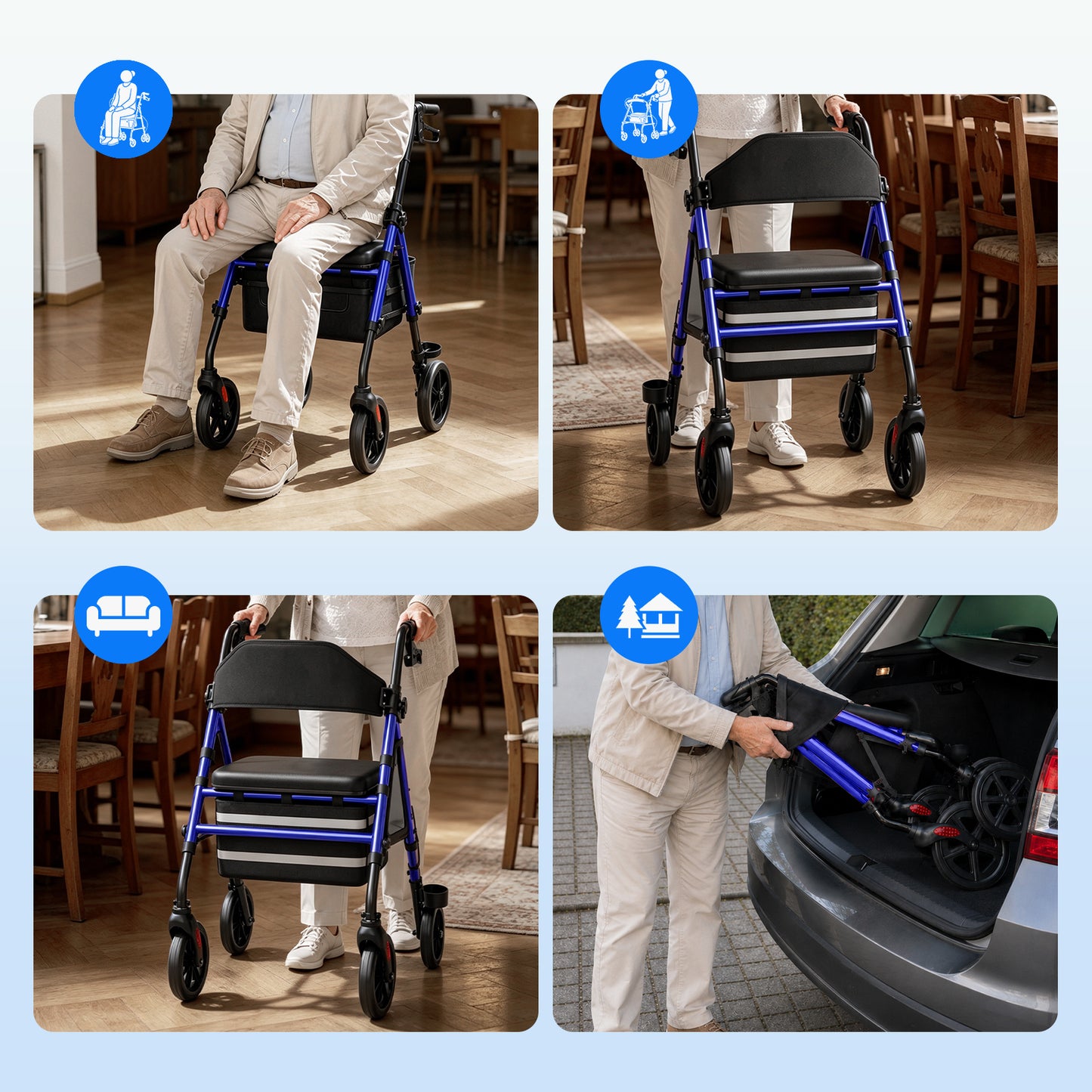 Invvqu W4-B Rollator mit Sitz und Tasche, stabiler Rollator für Senioren, 150 kg belastbar, 8-Zoll-Räder, Blau