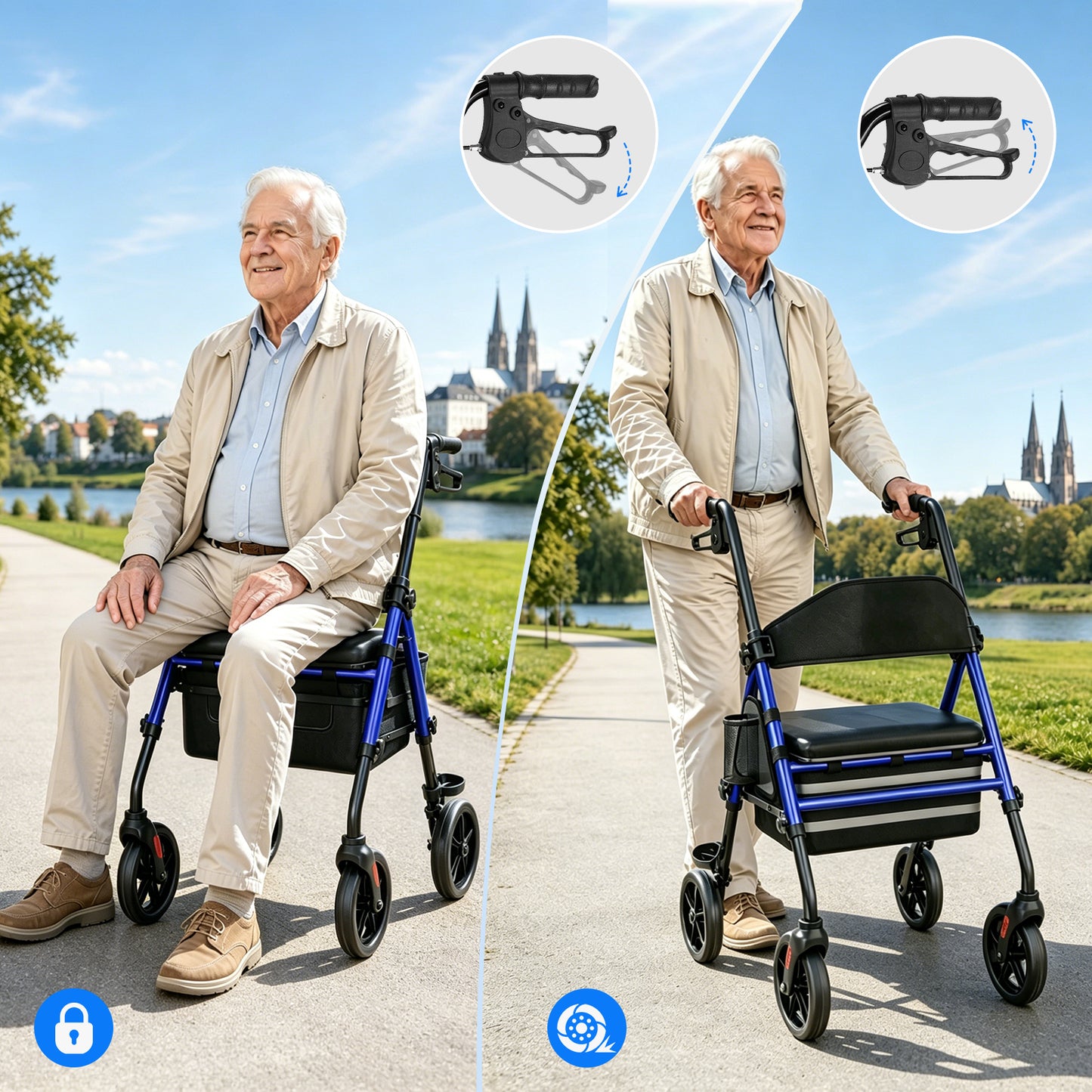 Invvqu W4-B Rollator mit Sitz und Tasche, stabiler Rollator für Senioren, 150 kg belastbar, 8-Zoll-Räder, Blau